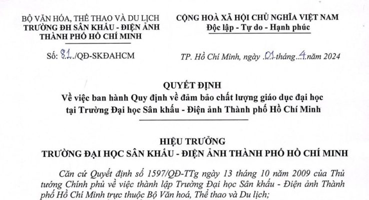 Quyết định về việc ban hành Quy định về đảm bảo chất lượng giáo dục đại học tại Trường Đại học Sân khấu - Điện ảnh Thành phố Hồ Chí Minh