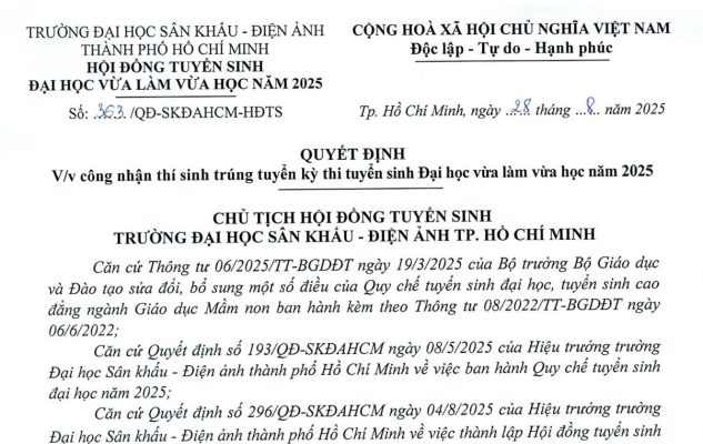 Quyết định v/v công nhận thí sinh trúng tuyển kỳ thi tuyển sinh Đại học vừa làm vừa học năm 2025