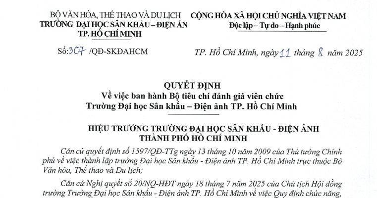 Quyết định về việc ban hành Bộ tiêu chí đánh giá viên chức trường Đại học sân khấu - điện ảnh Tp. Hồ Chí Minh