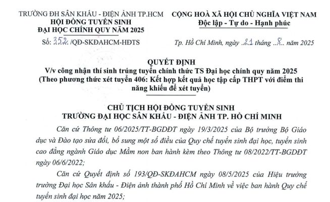 Quyết định công nhận thí sinh trúng tuyển chính thức đại học chính quy 2025