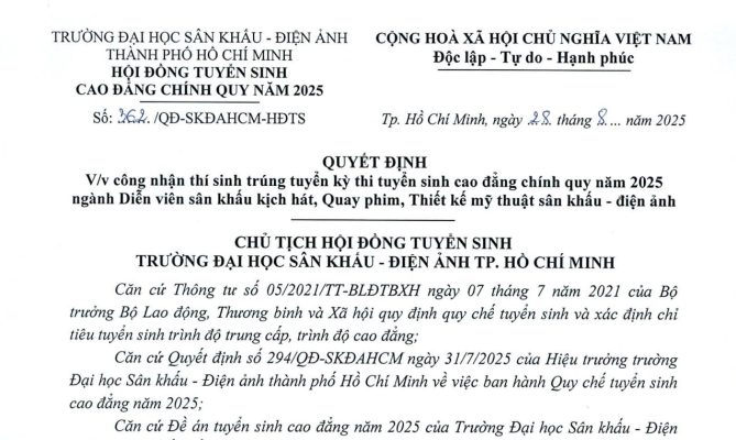 Quyết định v/v công nhận thí sinh trúng tuyển kỳ thi tuyển sinh cao đẳng chính quy 2025
