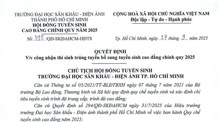 Quyết định V/v công nhận thí sinh trúng tuyển bổ sung tuyển sinh cao đẳng chính quy năm 2025