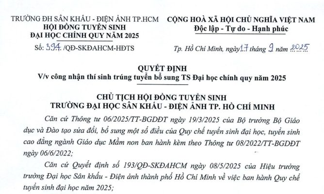 Quyết định V/v công nhận thí sinh trúng tuyển bổ sung TS Đại học chính quy năm 2025