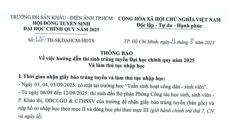 Thông báo về việc hướng dẫn thí sinh trúng tuyển Đại học chính quy năm 2025 và làm thủ tục nhập học
