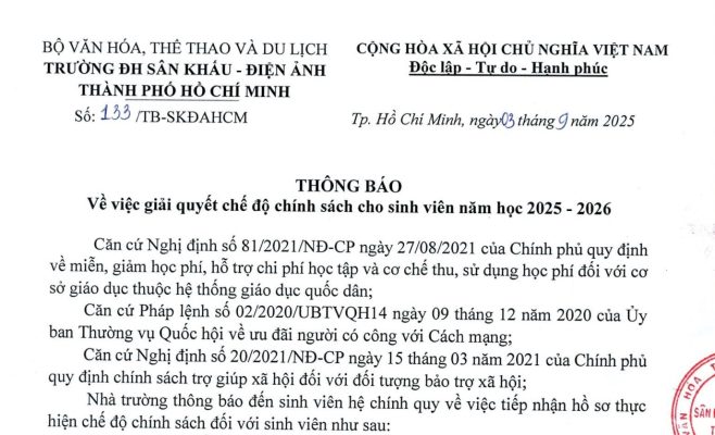 Thông báo về việc giải quyết chế độ chính sách cho sinh viên năm học 2025 - 2026