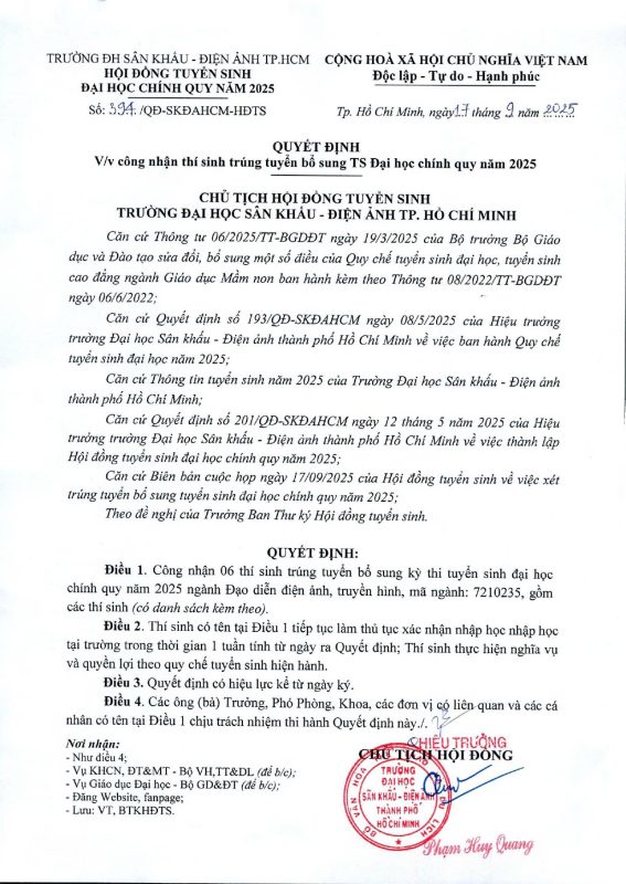 Quyết định V/v công nhận thí sinh trúng tuyển bổ sung tuyển sinh cao đẳng chính quy năm 2025