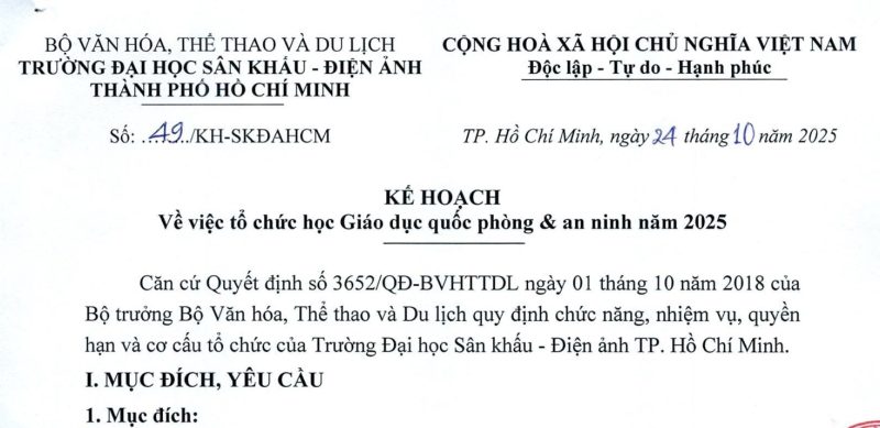 Kế hoạch về việc tổ chức học Giáo dục quốc phòng & an ninh năm 2025