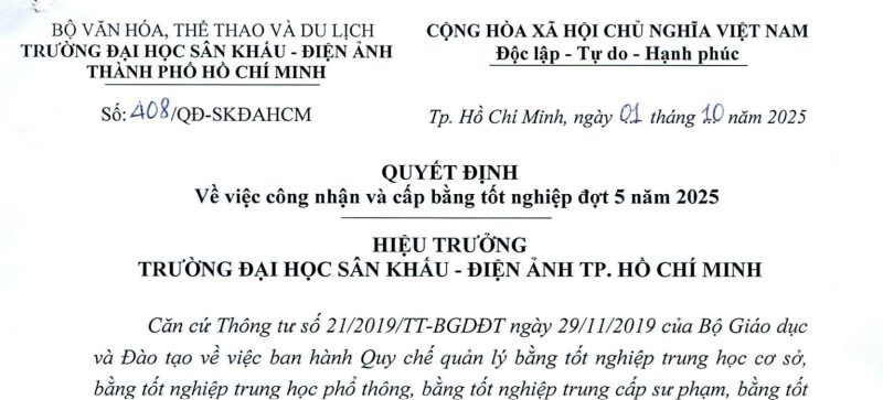 Quyết định về việc công nhận và cấp bằng tốt nghiệp đợt 5 năm 2025