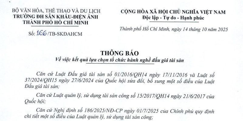 Thông báo về việc kết quả lựa chọn tổ chức hành nghề đấu giá tài sản