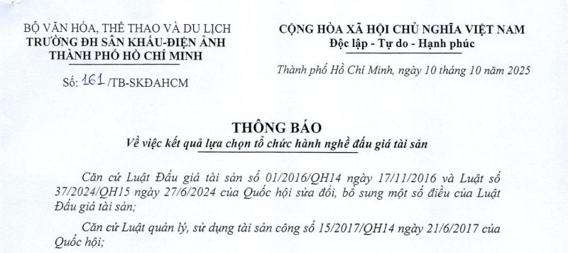 Thông báo về việc kết quả lựa chọn tổ chức hành ghề đấu giá tài sản