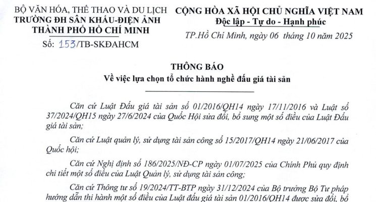 Thông báo về việc lựa chọn tổ chức hành nghề đấu giá tài sản