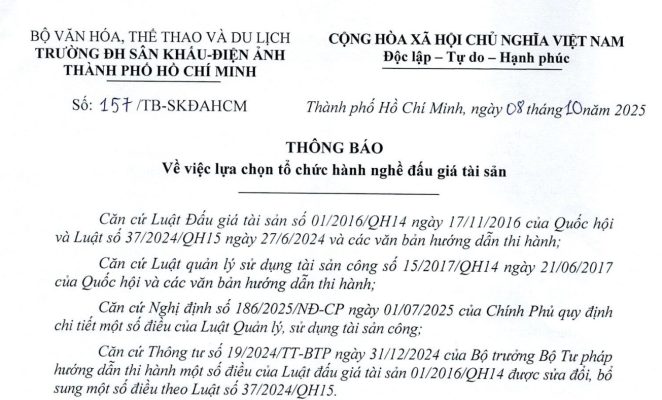 Thông báo về việc lựa chọn tổ chức hành nghề đấu giá tài sản