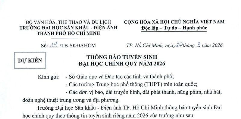 Thông báo tuyển sinh đại học chính quy năm 2026