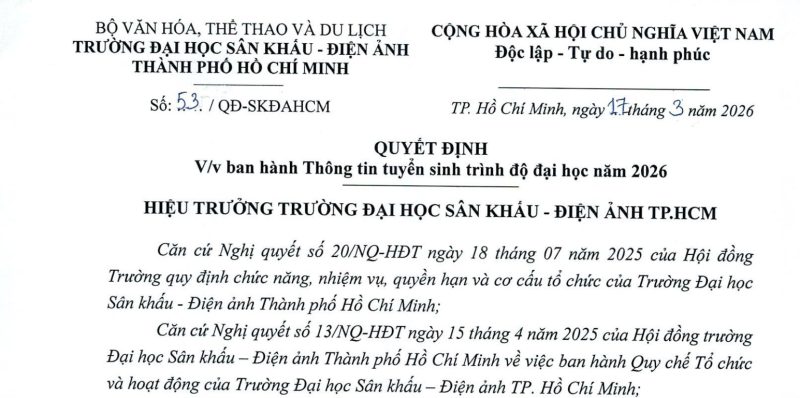 Quyết định về việc ban hành Thông tin tuyển sinh trình độ đại học năm 2026