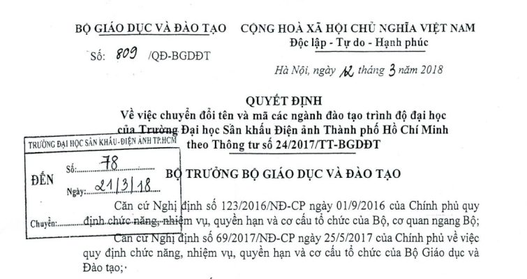 Về việc chuyển đổi tên và mã các ngành đào tạo trình độ đại học của Trường Đại học Sân khấu Điện ảnh Thành phố Hồ Chí Minh theo Thông tư số 24/2017/TT-BGDĐT