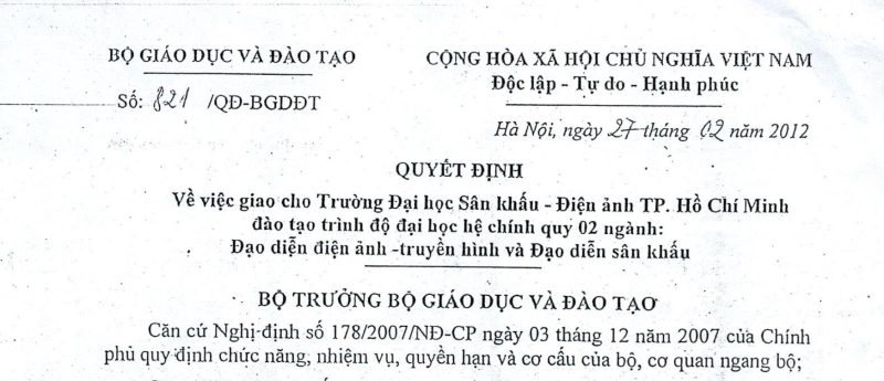 Quyết định về việc giao cho Trường Đại học Sân khấu - Điện ảnh TP. Hồ Chí Minh đào tạo trình độ đại học hệ chính qui 2 ngành: Đạo diễn điện ảnh - truyền hình và Đạo diễn sân khấu