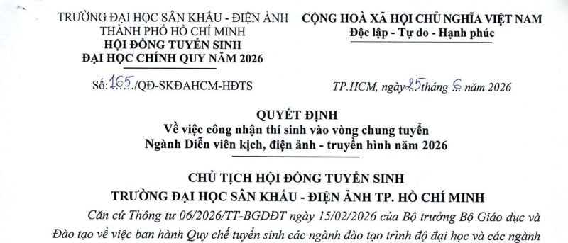 QUYẾT ĐỊNH Về việc công nhận thí sinh vào vòng chung tuyển Ngành Diễn viên kịch, điện ảnh - truyền hình năm 2026