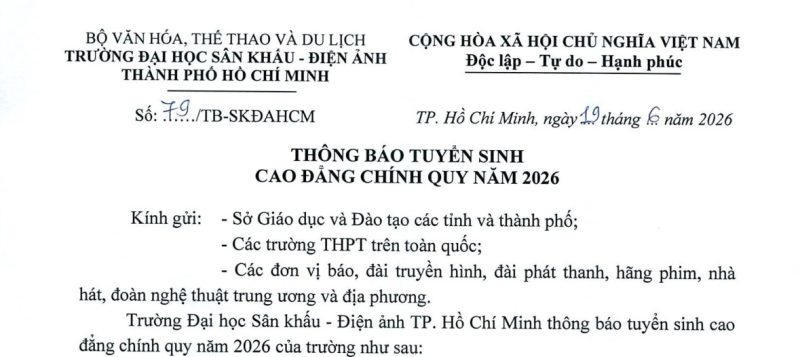 Thông báo tuyển sinh cao đẳng chính quy năm 2026