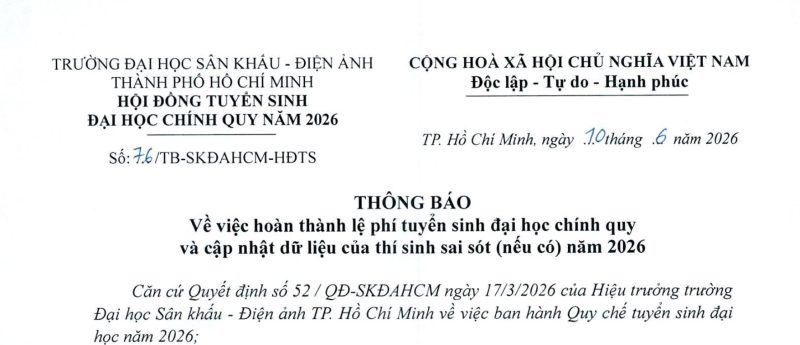 Thông báo về việc hoàn thành lệ phí tuyển sinh đại học chính quy và cập nhật dữ liệu của thí sinh sai sót (nếu có) năm 2026