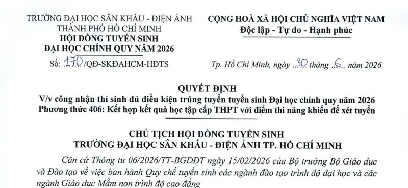 Quyết đinh V/v công nhận thí sinh đủ điều kiện trúng tuyển tuyển sinh Đại học chính quy năm 2026