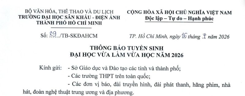 Thông báo tuyển sinh đại học vừa làm vừa học năm 2026