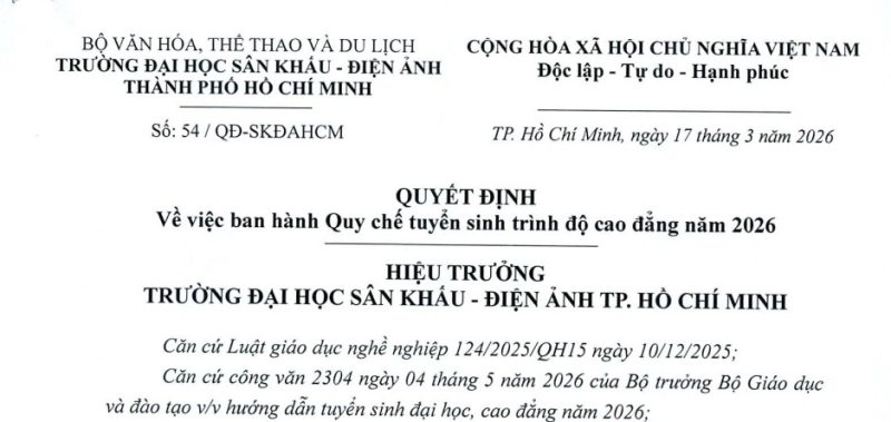 Quyết định về việc ban hành Quy chế tuyển sinh trình độ cao đẳng năm 2026