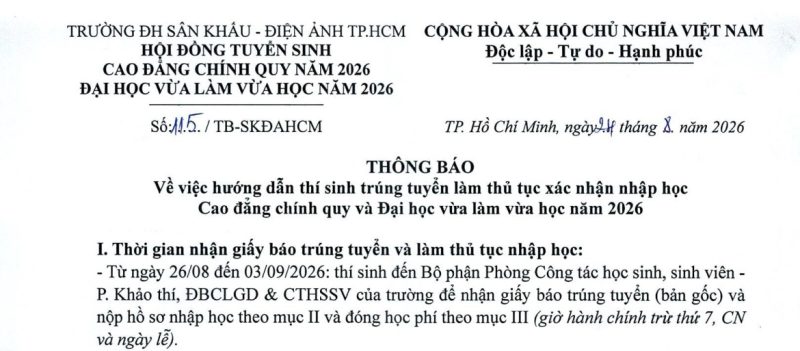 Thông báo V/v hướng dẫn thí sinh trúng tuyển làm thủ tục xác nhận nhập học