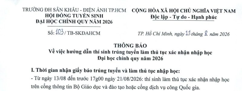 Thông báo về việc hướng dẫn thí sinh trúng tuyển làm thủ tục xác nhận nhập học Đại học chính quy năm 2026