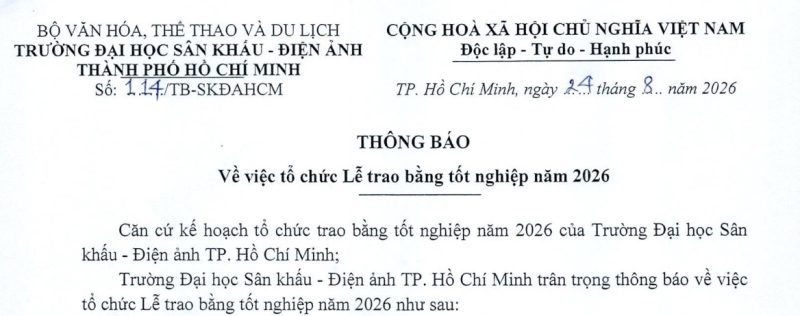 Thông báo V/v tổ chức lễ trao bằng tốt nghiệp năm 2026
