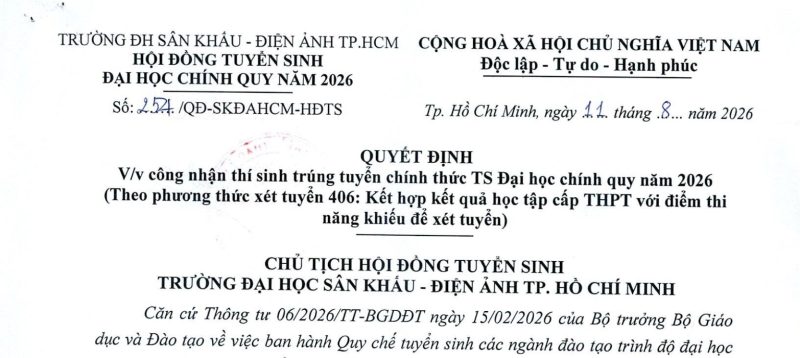QUYẾT ĐỊNH V/v công nhận thí sinh trúng tuyển chính thức TS Đại học chính quy năm 2026