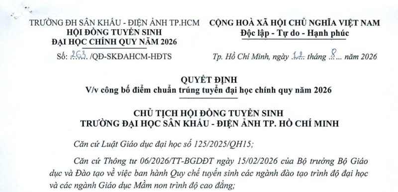 Quyết định V/v công bố điểm chuẩn trúng tuyển đại học chính quy năm 2026
