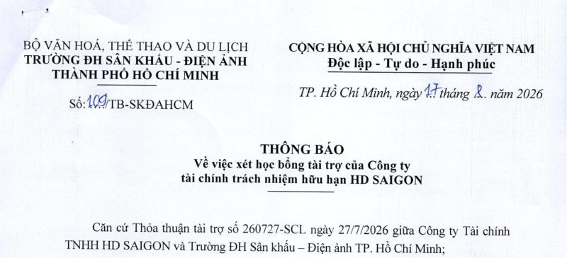 Thông báo Về việc xét học bổng tài trợ của Công ty tài chính trách nhiệm hữu hạn HD SAIGON