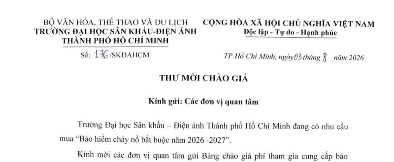thư mời chào giá Bảo hiểm cháy nổ bắt buộc năm 2026 - 2027