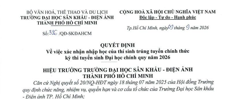 QĐ số 316 về nhập học sinh viên đại học chính quy năm 2026
