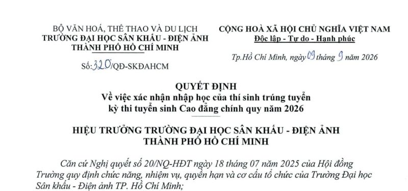 QĐ số 320 về nhập học sinh viên cao đẳng chính quy năm 2026