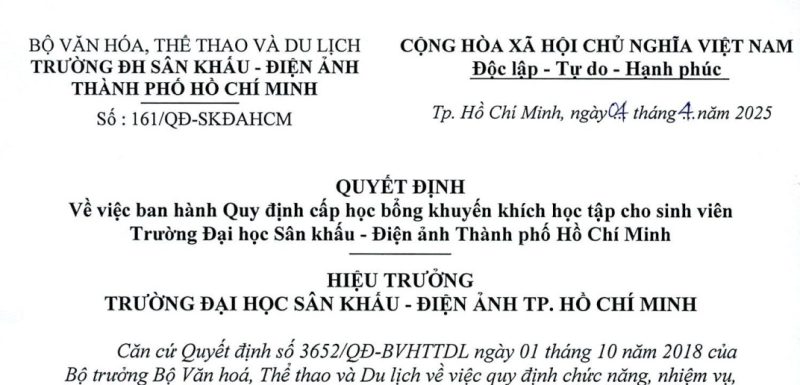 Quyết định V/v ban hành Quy định cấp học bổng khuyến khích học tập cho sinh viên Trường Đại học Sân khấu - Điện ảnh Thành phố Hồ Chí Minh