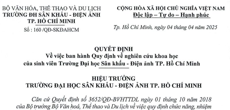 Quyết định V/v ban hành Quy định về nghiên cứu khoa học của sinh viên Trường Đại học Sân khấu - Điện ảnh TP. Hồ Chí Minh