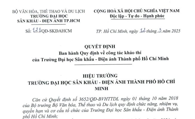 Quyết định ban hành Quy định về công tác khảo thí của Trường Đại học Sân khấu - Điện ảnh Thành phố Hồ Chí Minh