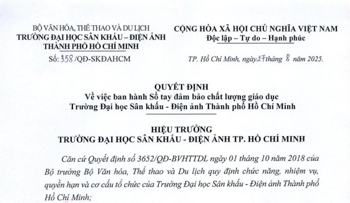 Quyết định về việc ban hành Sổ tay đảm bảo chất lượng giáo dục Trường Đại học Sân khấu - Điện ảnh Thành phố Hồ Chí Minh