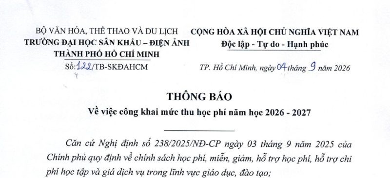 Thông báo về việc công khai mức thu học phí năm học 2026 - 2027