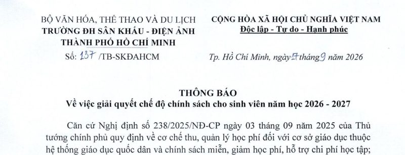 Thông báo V/v giải quyết chế độ chính sách cho sinh viên năm học 2026 - 2027