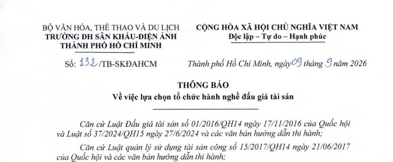 Thông báo V/v lựa chọn tổ chức hành nghề đấu giá tài sản