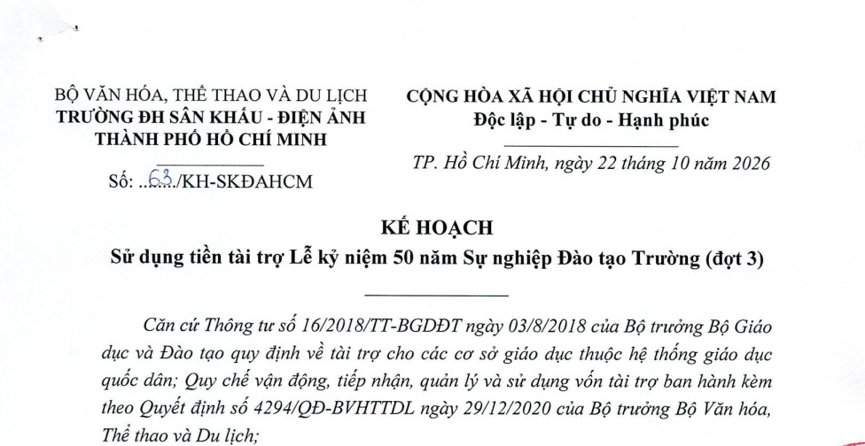 Kế hoạch sử dụng tiền tài trợ Lễ kỷ niệm 50 năm sự nghiệp đào tạo Trường (đợt 3)