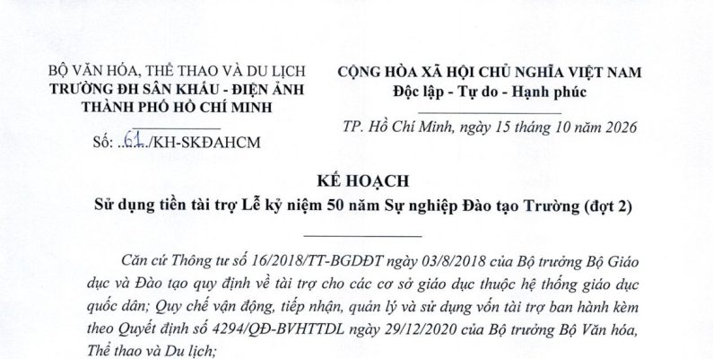 Kế hoạch sử dụng tiền tài trợ Lễ kỷ niệm 50 năm sự nghiệp đào tạo Trường (Đợt 2)